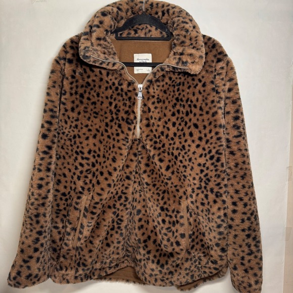 Abercrombie & Fitch A&F Leopard Faux Fur 1/4 Zip Pullover Mob Wife Jacket Large - Picture 7 of 7